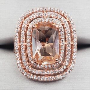 18k Rose Gold - 925 Sterling Silver Triple Halo Morganite Ring